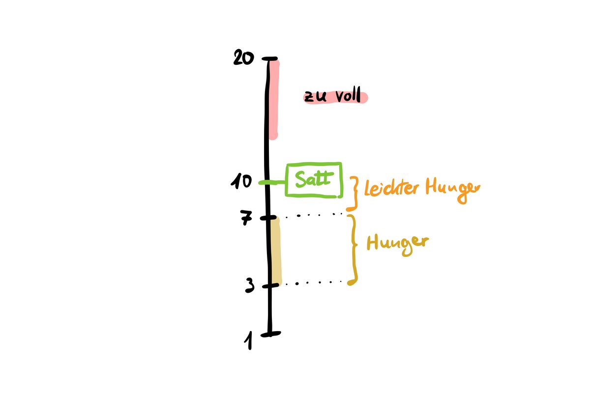 Hunger-Sättigungs-Skala mit Farbkodierung der Bereiche