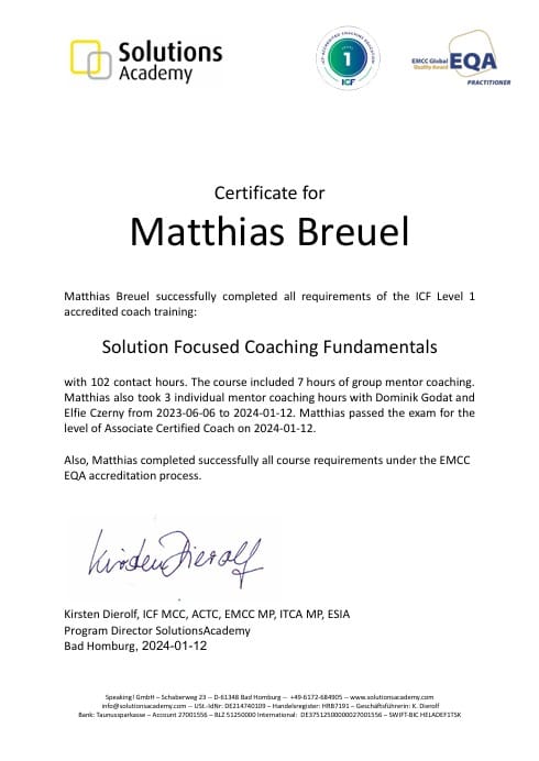 Solution-Focused Coach Zertifikat - Matthias Breuel